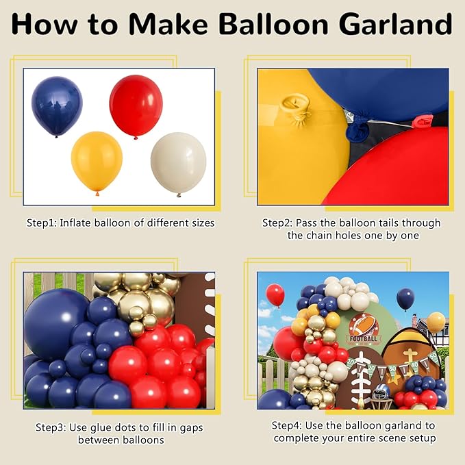 Graduation Balloon Arch Kit, 120pcs Red Retro Navy Blue Yellow White Sand Metallic Gold Baseball Balloon Arch Garland for 2025 Graduation Birthday Boys Sports Football Baby Shower Party Decorations