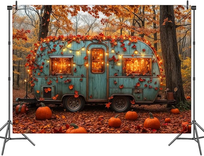 10 x 8 ft Fall Forest Backdrop Autumn Pumpkin Maple Leaves RV Farm Banner Decorations Harvest Thanksgiving Day Themed Party Kids Adults Portrait Photo Shoot Prop