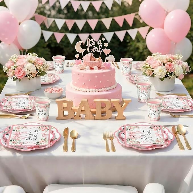 Newtay 250 Pcs Baby in Bloom Baby Shower Party Decorations Pink Bow Flower Disposable Plates and Napkins Birthday Tableware for 50 Guests Paper Plates Napkins Cups for Party Supplies