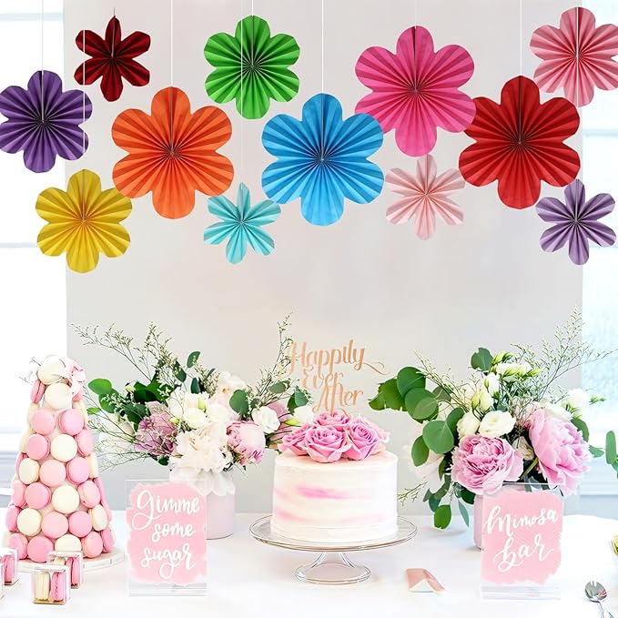 BestoFun 12 PCS Paper Flowers Fans Mexican Party Decorations Paper Flowers Decorations for Wall Girl Groovy Birthday Baby Shower Wedding Bachelorette Room Hanging Décor