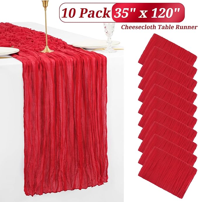 10 Pack Christmas Table Runner 10FT Red Cheesecloth Table Runner 35 x 120 Inch Long Semi-Sheer Gauze Fabric Boho or Rustic Wedding Table Decor for Bridal Shower Baby Shower Holiday Party