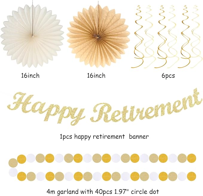 Beige-Gold Happy Retirement Party Decorations Banner Women Men Huglony | 21pcs Retiree Farewell Banner,Streamers,Paper Lanterns,Pom Poms Fans,Work Teacher Retirement Supplies Backdrop Favors