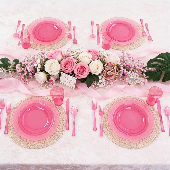 WDF 25 Guest Pink Plates with Pink Plastic Silverware&Pink Cups-Neon Clear Disposable Dinnerware include 50 Plates,25Forks, 25 Knives, 25 Spoons,25 Plastic Cups for Party and Baby Shower