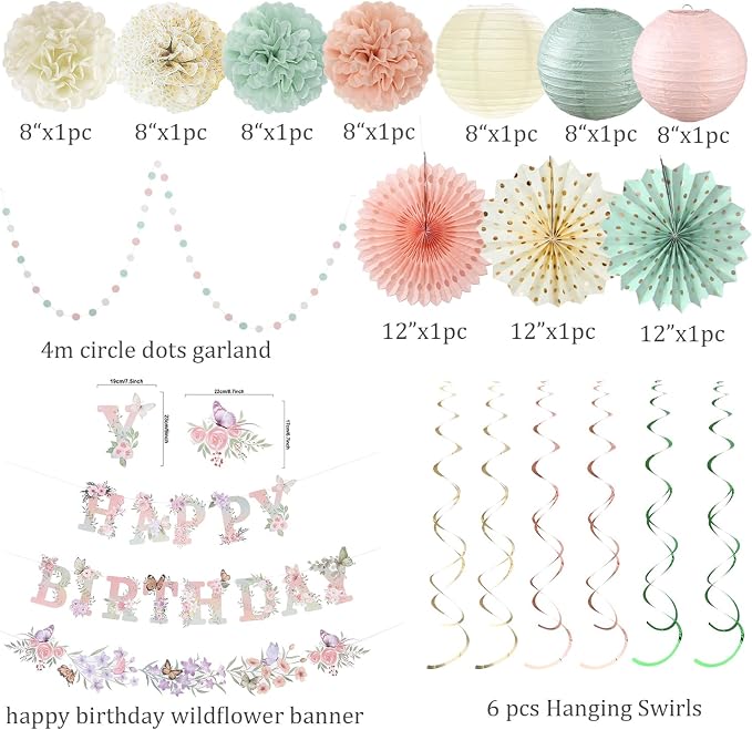 Sage Green Blush Pink Birthday Decorations,Flower Butterfly Happy Birthday Banner, Wildflower Garland,Paper Lanterns Tissue Pom Poms for Spring Summer Boho Fairy Garden Tea Party Neutral Décor