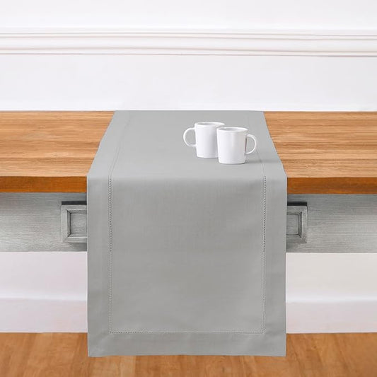 Solino Home Cotton Linen Light Grey Table Runner 132 Inches Long - Hemstitch 14 x 132 Inch Table Runner for Spring, Summer, Mothers Day