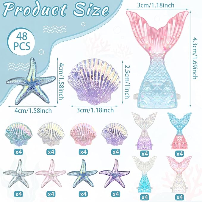 Kenning 48 Pcs Resin Mermaid Theme Cupcake Ring Toppers Seashell Mermaid Tail Starfish Cupcake Topper for Ocean Theme Birthday Party Cake Decorations Baby Shower Weeding Anniversary Sea Party Supplies
