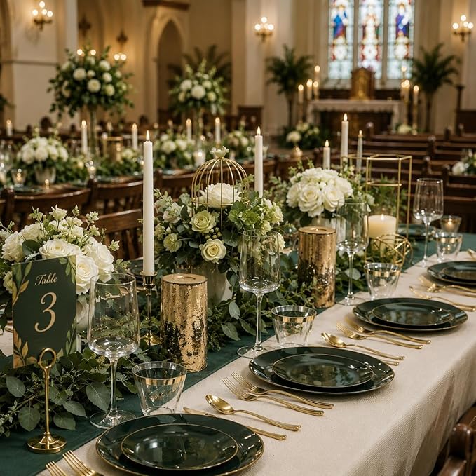 WDF 150Pcs Green Plastic Plates - Green Plates Disposable with Gold Rim - 25Guest Disposable Dinnerware Include 50 Plastic Plate 75 Gold Cutlery 25 9oz Cups for Wedding/Party/Birthday/World Cup 2026