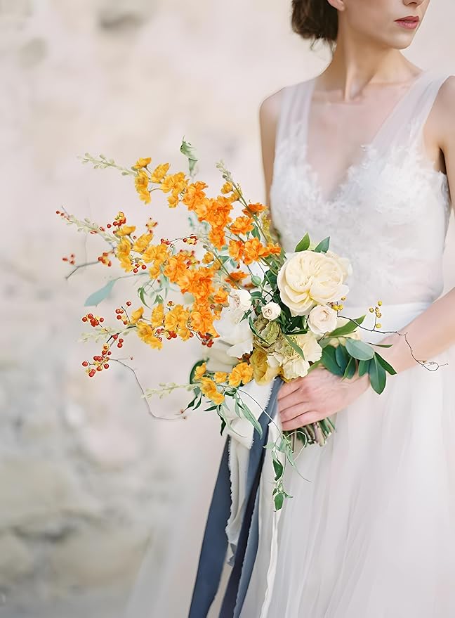 IPOPU 9Pcs Orange Artificial Delphinium Flowers Combo Clematis Greenery Stems, 33.5" Long Stem Larkspur for Wedding Centerpieces, Bridal Bouquet, Home Party Table Decor (Orange)