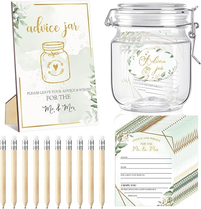 Jetec 74 Pcs Advice and Wishes for the Mr and Mrs 60 Pcs Wedding Advice Cards Advice and Wishes Jar Box Bridal Shower Advice and Wishes Cards for Bride and Groom Bridal Shower Decor(Greenery)