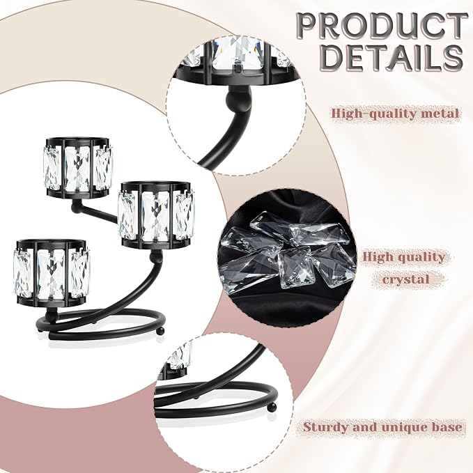 Metal 3 Arm Crystal Candle Holder - Tea Light Centerpiece Candle Holder, Votive Holder with Sparkling Crystal Bowl, Suitable for Wedding, Table Centerpiece, Home Decor (2, 3 arm-Black)