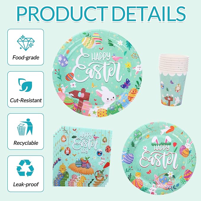 192 Pcs Easter Plates and Napkins Set Party Decorations Birthday Decorations Paper Plates Napkins Cups Forks Tablecloth Banner Bow Tableware Serve 24