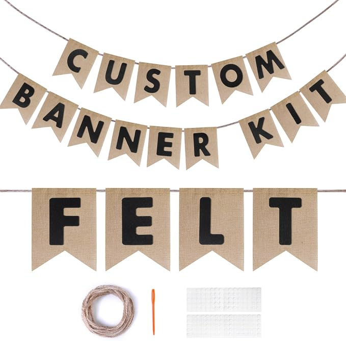 Custom Banner Kit, 28 Burlap Banner with 92 Felt Letters, Make Your Own Diy Customizable Kit for Birthday Wedding Party Decorations