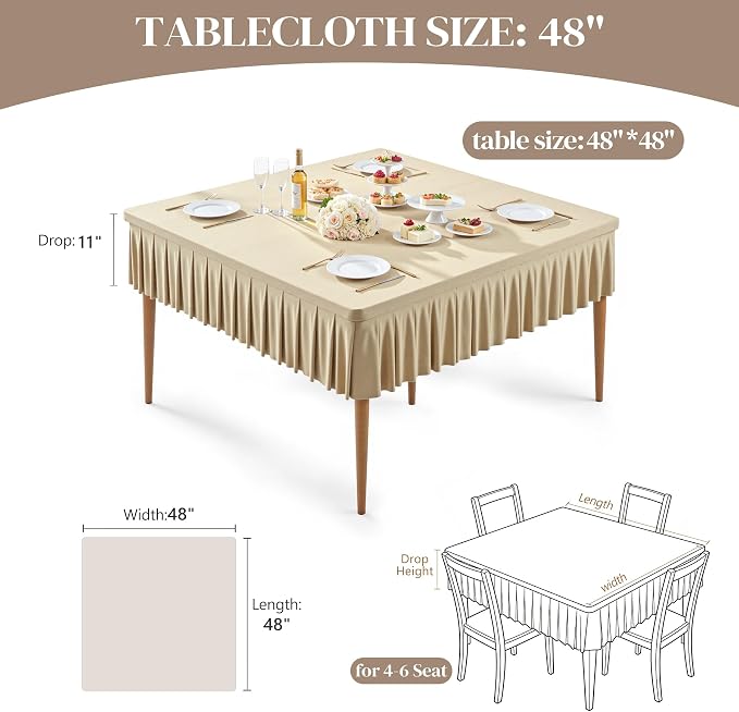 2 Pack Natural Spandex Tablecloths for 48x48 Inch Square Tables, Stretch Fitted Table Clothes with Pleated Ruffle Skirt for 48” Table, Wrinkle Free and Elastic, for Party Kitchen Home Dining
