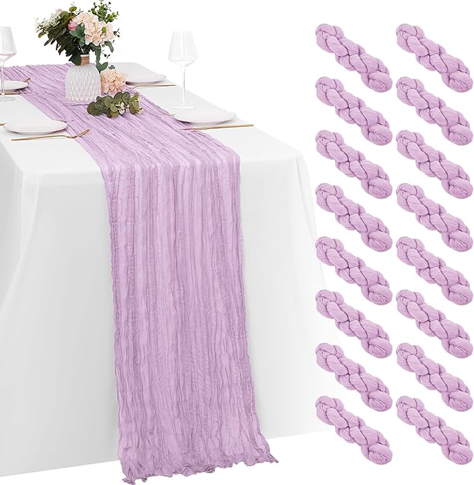 16 Pack Lavender Cheesecloth Table Runners 20x120 Inch Gauze Table Runner Cheese Cloth 10FT Lavender Table Runner Rustic Sheer Runner for Wedding Baby Shower Birthday Party Table Decor