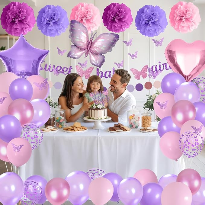 Butterfly Baby Shower Decorations for Girl, Sweet Baby Girl Banner with Pearl Pastel Purple Light Pink Latex Foil Balloons Cake Topper Pom Poms for A Little Butterfly Is On The Way Decoration Supplies