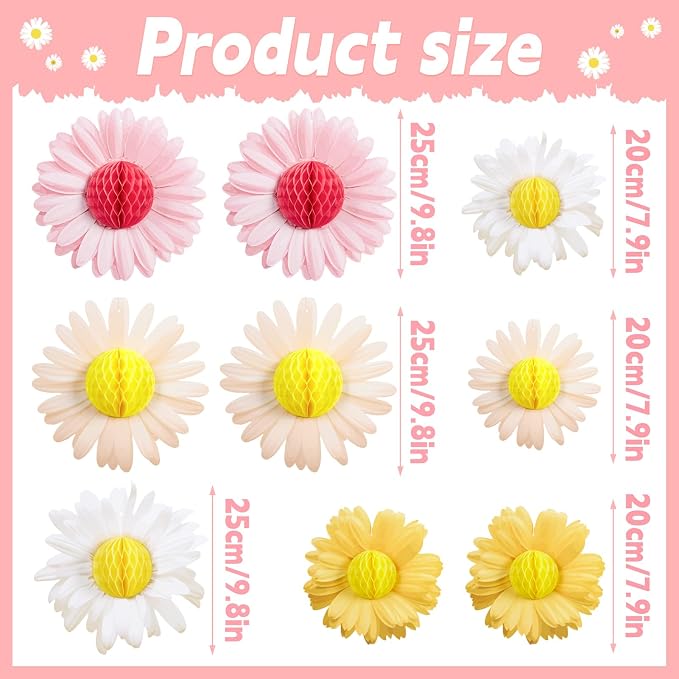 SUNBEAUTY Daisy Flower Hanging Decoration 9Pcs Pink and Yellow Daisy Honeycomb Paper Flower Decorations for Spring Summer Wall Birthday Wedding Classroom Backdrop Garden Tea Party Decor