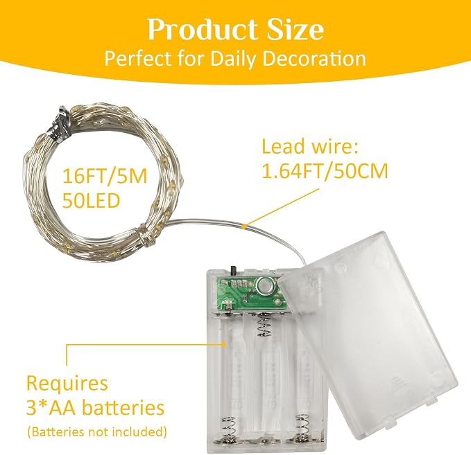 QITONG Warm White Fairy Lights Battery Operated, 6 Pack Each 16ft 50 LED Outdoor Christmas String Lights, Silver Wire Mini Twinkle Light Indoor