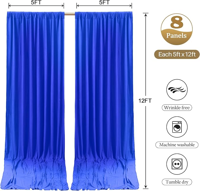 40ftx12ft Wrinkle Free Royal Blue Backdrop Curtain, 8 Panels 12FT Long Wedding Photo Backdrop Drapes, Silky Polyester Back Drop Cloth for Birthday Photography Background Party Backdrop Draping