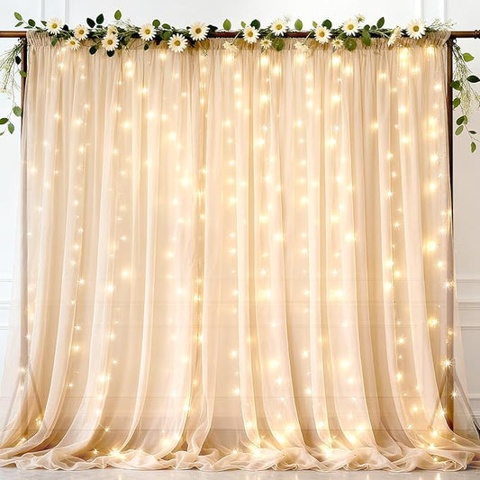 Ledido 4 Pack 10×8ft Champagne Tulle Backdrop Curtain with Lights String - 1200LED Fairy Light Sheer Curtain Backdrop for Wedding Baby Shower Photo Shoot Birthday Party Decor(8 Panels 5×8ft)，Champagne
