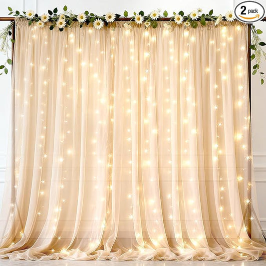 Ledido 10×8ft Champagne Tulle Backdrop Curtain with Lights String - 300LED Fairy Light Sheer Curtain Backdrop for Wedding Baby Shower Photo Shoot Birthday Party Decor(2 Panels 5×8ft)，Champagne