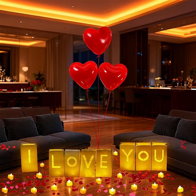 I Love You Decorations – Surprise Set with Light Up Letters, 30 Tea Light Candles, 2000 Rose Petals, 10 Balloons – Luminary Bags for Couples & Romantic Moments