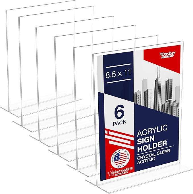 Acrylic Sign Holder 8.5 x 11 - Heavy Duty T-Shape Table Top Display Stand, Extra Wide 3-Inch Base, Double Sided Bottom Load, Crystal Clear Menu Holder: Restaurant, Office, Wedding, Trade Show (6 Pack)