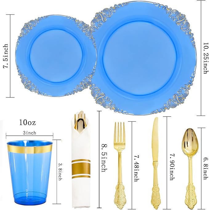 Hioasis 210pcs Blue and Gold Plates - Blue Party Plates for 30 Guest, Include 60 Heavy-duty Plates(20% Thicker Than Standard), 30 Pre Rolled gold Plastic goldware Set, 30 Cups