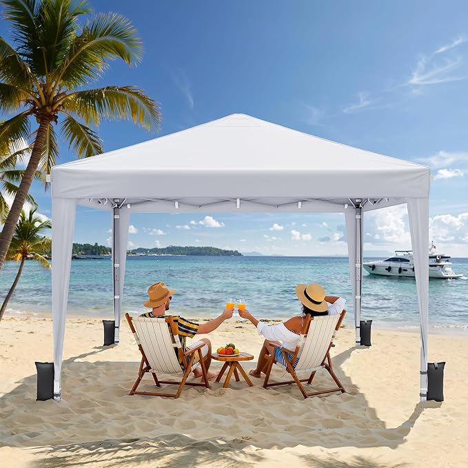 10x10 Pop Up Canopy with Sidewalls, Instant Portable Canopy Tent with Carry Bag for Commercial Events, Camping, Parties - White