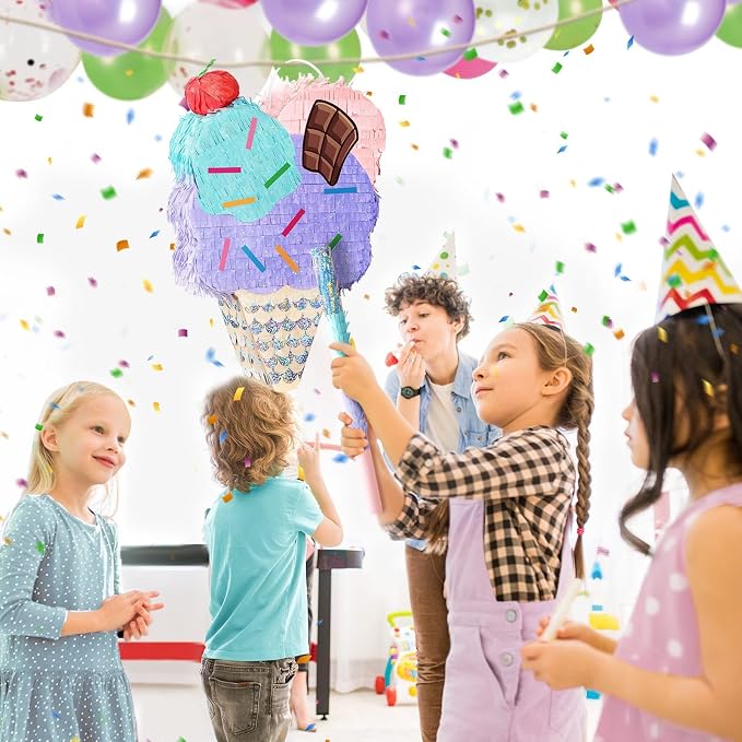 WERNNSAI Ice Cream Piñata - Summer Ice Cream Party Decorations for Kids Girls Birthday Pink Piñata Game Candyland Sweet Theme Party favors supplies with Bat Blindfold