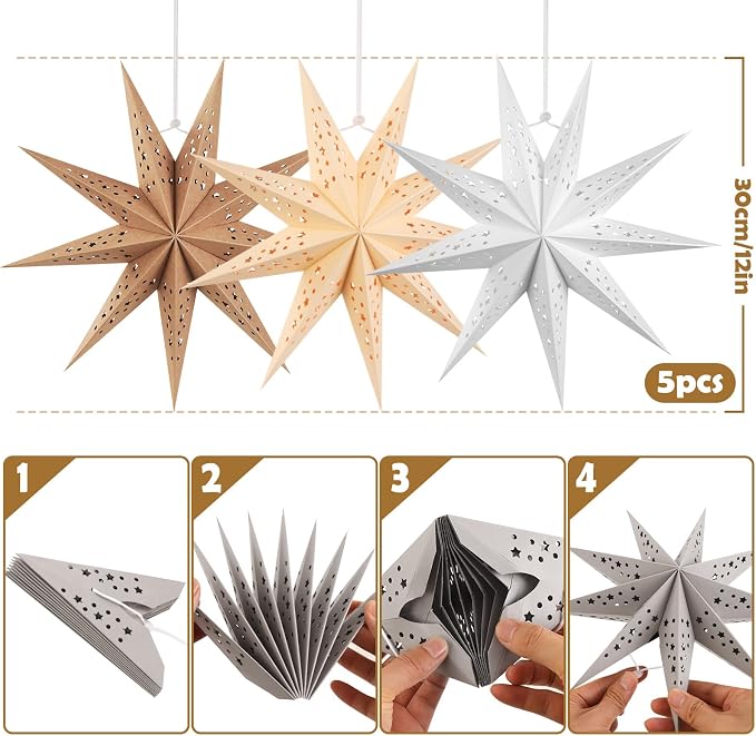 SUNBEAUTY 9-Pointed 12 Inch Hollow Out Paper Star Lanterns Brown White Gray Christmas Lanterns Hanging Lamp Paper Decorations Shade Wedding Birthday Christmas Home Party Decorations