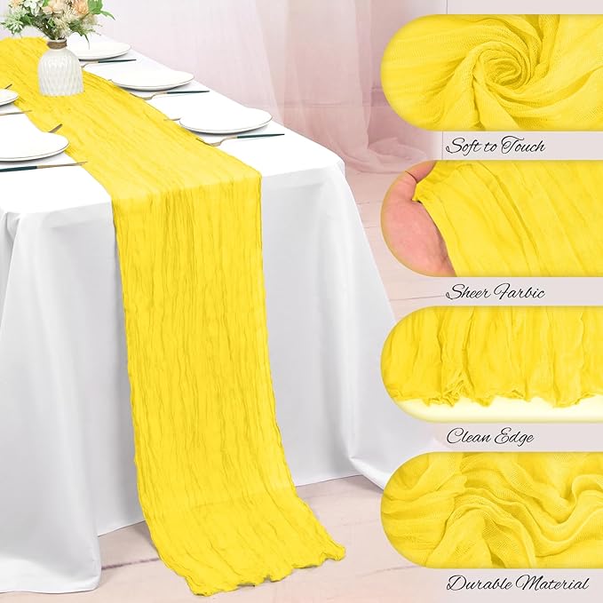 8 Pack Yellow Cheesecloth Table Runner 10FT Boho Gauze Cheese Cloth Table Runner Rustic Sheer Fabric Table Runners for Wedding Bridal Shower Baby Shower Party(21.5×120 Inch)