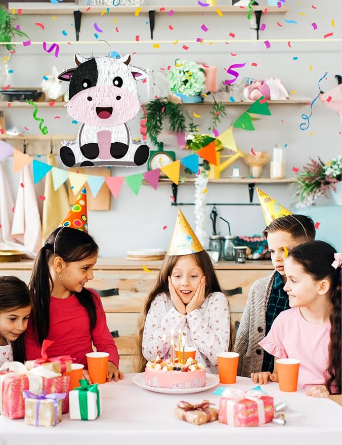 Cute Cow Piñata for Birthday Girls and Boys, Pink Cow Piñata Includes 12pcs Paper Glasses, Blindfold, Stick, and Confetti, Perfect Farm Animal Themed Party Decorations (16 x 13 x 3.5 Inch)