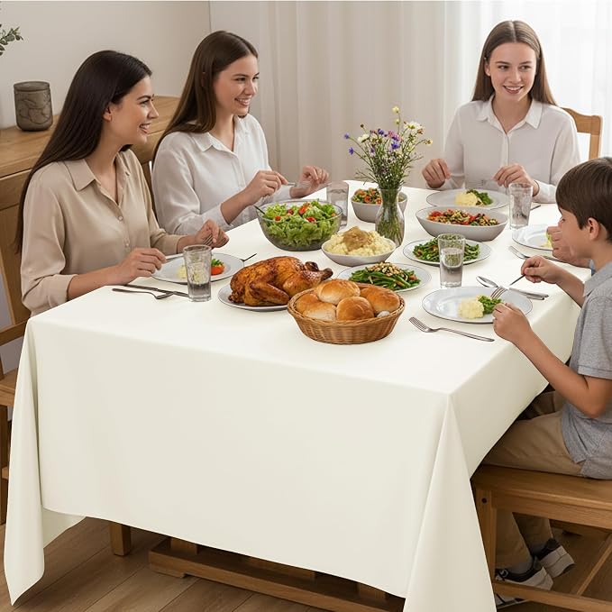 10-Pack Ivory Tablecloths for Rectangle Tables, 70 x 108 Inches, Stain-Resistant Polyester Fabric for 6 Foot Tables - Washable Table Covers for Weddings, Banquets, Birthday Parties, Events