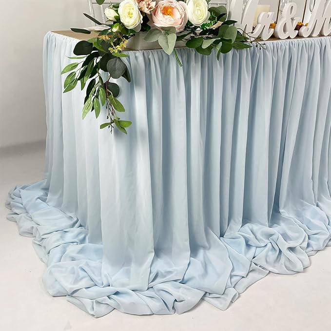 Pooling and Floating Chiffon Table Skirt with extra length, 6FT 9FT 14FT Sheer Tablecloth, Baby Shower, Birthdays Party, Main Cake Table Decoration, Wdding Table Skirt (Blue, 6FT)