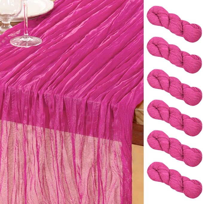 DeZerlor Hot Pink Cheesecloth Table Runner 6 Pack Spring Easter Table Runners Boho Gauze 120 Inches Fuschia Cheese Cloth Table Decor for Wedding Bridal Baby Shower Parties