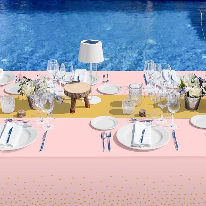 16Pack Disposable Plastic Tablecloths and Satin Table Runner Set Pink and Gold Dot Tablecloth Gold Satin Table Runner for Wedding Birthday Baby Shower Anniversary Christmas New Year Party Supplies