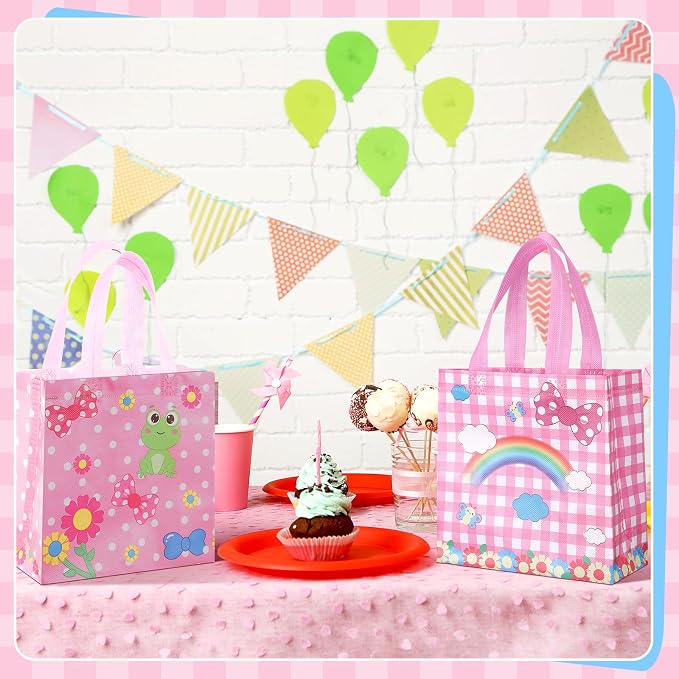 Sweetude 40 Pcs Pink Cat Gift Party Favor Bags with Handle, Non Woven Goodie Bags Birthday Favor for Birthday Baby Shower Packaging Supplies