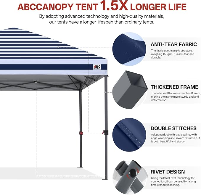 ABCCANOPY 10x10 Pop Up Canopy Tent, Easy Setup Instant Shelter with Wheeled Bag, Heavy Duty Outdoor Canopy for Beach, Market, Backyard, Outdoor Weather Protection (Navy Blue Stripes, 10x10)