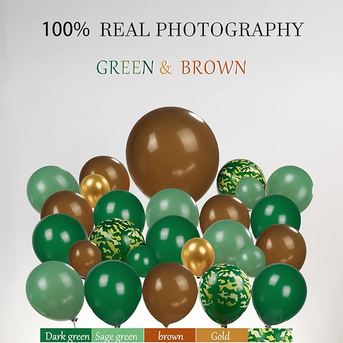 T-Rex Dinosaur Birthday Decorations include Dark Green Brown Gold balloon arch & small Dino Foil balloons & banner backdrop & footprint stickers for Kids Boys Jungle Safari Dino 3rd Party Supplies