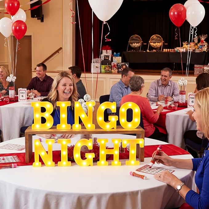 Honoson 10 Pcs Bingo Night Decorations Lights up Sign 6.42 Inch Bingo Theme LED Neon Sign Marquee Lights Supplies for Family Game Night Birthday Party Decor