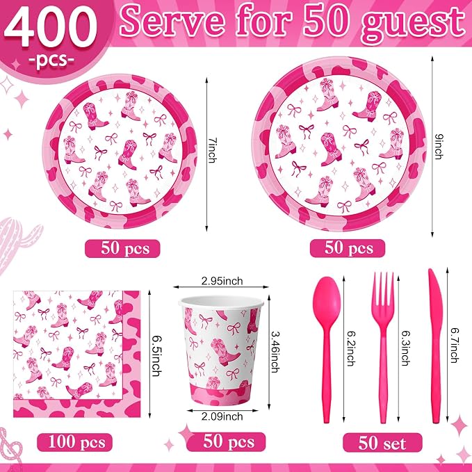 Pickmesh 400 Pcs Western Pink Cowgirl Party Plates and Napkin Decoration Disco Pink Coquette Bow Cowgirl Paper Tableware Cups Knives for Western Wedding Birthday Bachelorette Party Supplies Serve 50