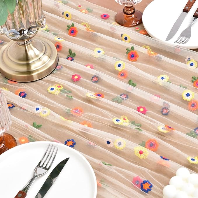 Joanlody 3pcs Champagne Summer Flower Table Runner 10ft Embroidery Daisy Floral Seasonal Tulle Table Runner for Home Garden Tea Party Holiday Birthday Decoration