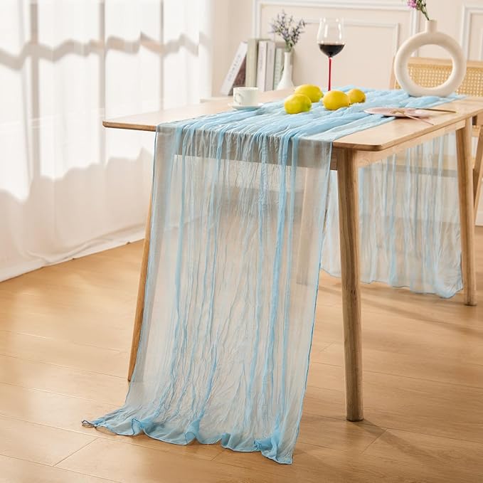 Baby Blue Spring Table Runner Boho Cheesecloth Table Runner 120 inches Crinkled Gauze Sheer Mother's Day Table Centerpieces for Wedding Ceremony Anniversary Bridal Baby Shower Banquet