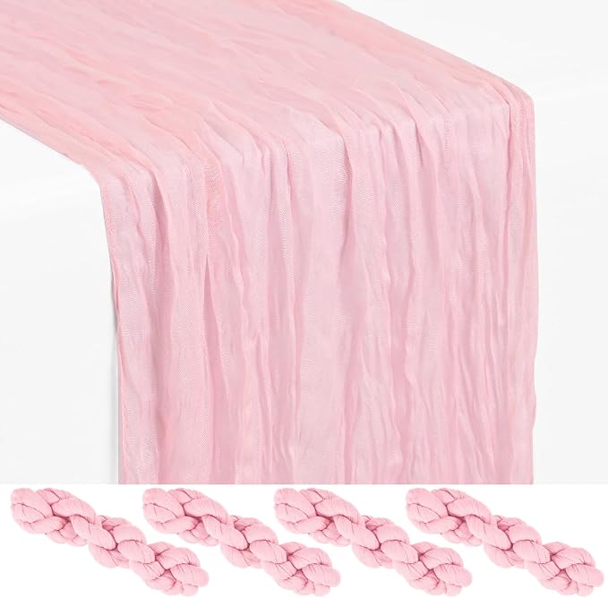 4 Pack Light Pink Cheesecloth Table Runner 17 x 108 inch Boho Gauze Table Runner Rustic Sheer Cheese Cloth Table Decorations for Wedding Party Baby Bridal Shower Birthday Holiday Home