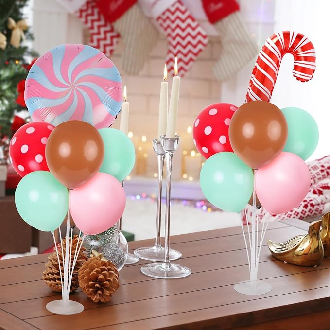 6 Sets Christmas Gingerbread Balloon Stand Kit for Table with Gingerbread Man Candy Cane Foil Balloon Centerpiece for Christmas Theme Xmas Birthday Holiday New Year Party Table Decorations