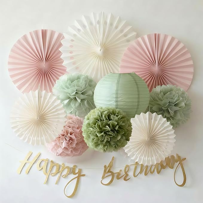 EASY JOY Sage Green and Pink Party Decorations Green Birthday Decorations Sage Tissue Pom Poms Paper Lanterns White Paper Fans (11pcs) for Women Girls Birthday Wedding Bridal Shower Baby Shower