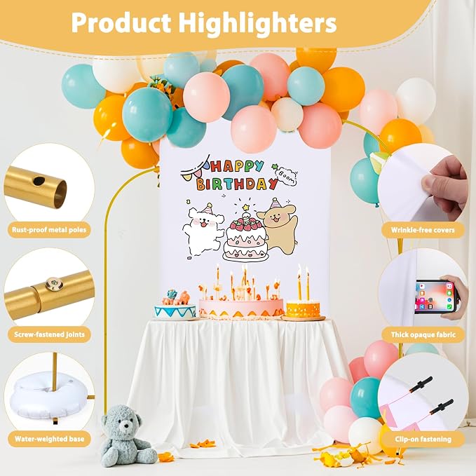 Arch Backdrop Stand and Cover Set of 3, 7.2ft 6.6ft 6ft Metal Arch Backdrop Stand with Spandex White Back Drop Covers Balloon Arch Kits, Gold Arch Stand Frame for Wedding Birthday Party Baby Shower