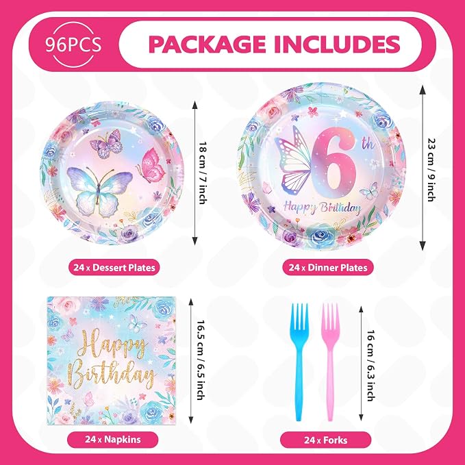 Greencian 96Pcs Butterfly 6th Birthday Party Decorations Butterflies Theme Disposable Sets for Girl Colorful Butterfly Plates, Napkins and Forks, 8 Years Old Birthday Party Supplies Serves 24