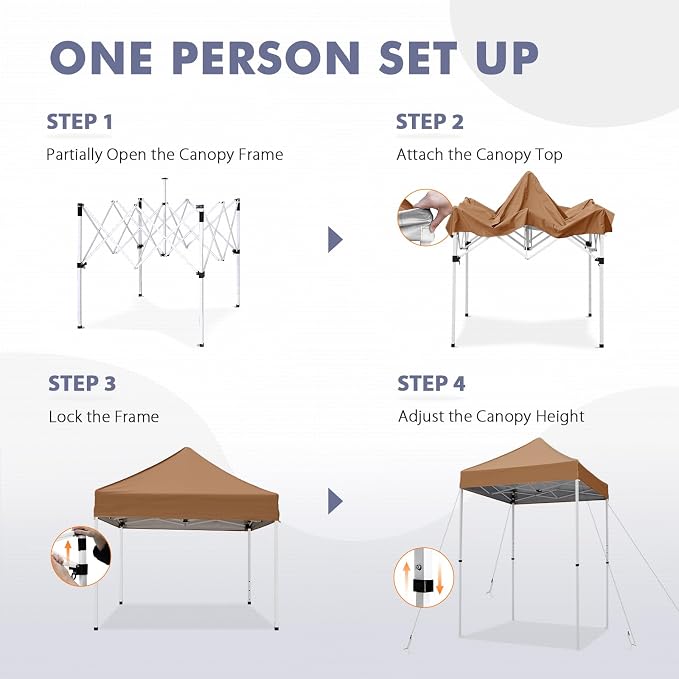 5x5 Pop Up Canopy Tent, Instant Portable Beach Canopy, Outdoor Tent with Carry Bag for Camping, Sports, Tailgating, Events, Khaki