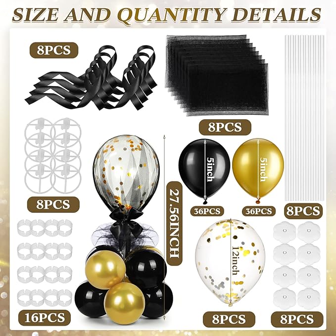 BBTO 8 Set Gold Black Table Centerpieces Balloons Stand Kit, Latex Balloons and Table Stand Holder with Base Tulle for Wedding Birthday Grad Prom Centerpieces Party Back to School Baby Shower